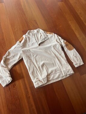 Amazon Cream Men’s Pullover Shirt with Tan Elbow Patches